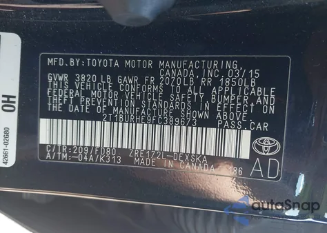 2015 Toyota Corolla S Plus z USA, uszkodzony, nr VIN 2T1BURHE9FC389673